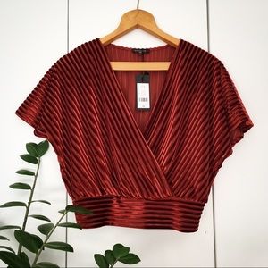 Wrap top with velvet and sheer striping